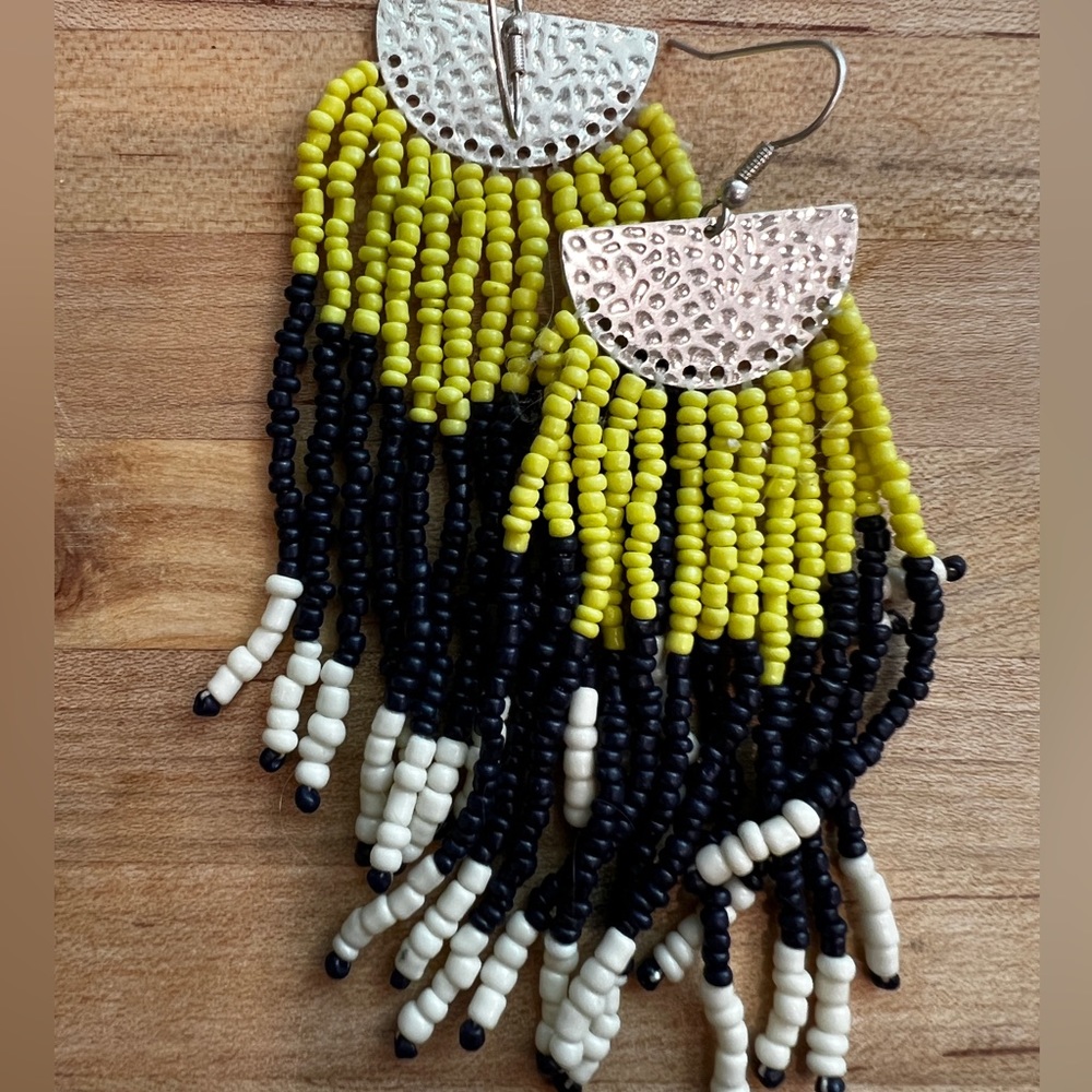 Navy, chartreuse, white beaded earrings